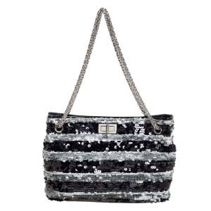Pre Owned Chanel Black/Grey Striped Sequins and Patent Leather Small Reissue Tote