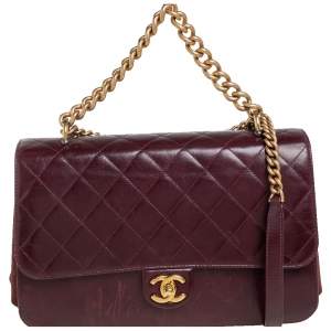 Pre Owned Chanel Burgundy Quilted Glazed Leather Straight Line Flap Bag
