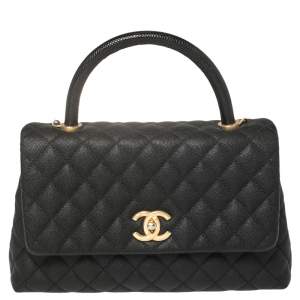 Pre Owned Chanel Black Caviar Leather and Lizard Medium Coco Top Handle Bag