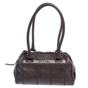 Pre Owned Chanel Dark Brown Square Quilt Caviar Leather LAX Bowler Bag