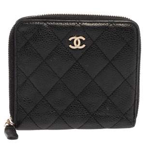 مملوكة مسبقًا Chanel Black Caviar Leather Zip Around Compact Wallet