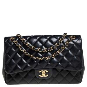 Pre Owned Chanel Black Quilted Leather Jumbo Classic Double Flap Bag