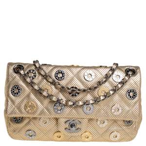 Pre Owned Chanel Gold Perforated Leather Paris Dubai Medals Flap Bag