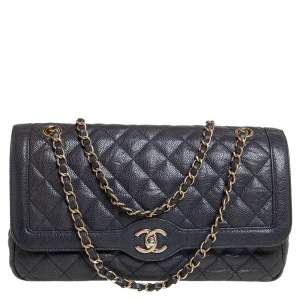 Pre Owned Chanel Blue Quilted Leather CC Single Flap Bag