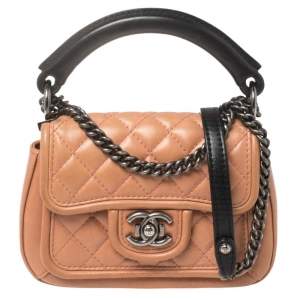 Pre Owned Chanel Peach/Black Quilted Leather Small Prestige Flap Bag