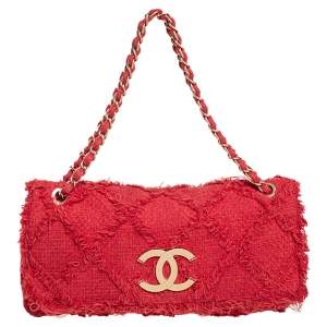 Pre Owned Chanel Red Diamond Stitch Tweed Maxi Nature Flap Bag                  