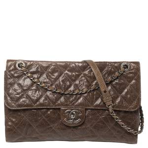 Pre Owned Chanel Brown Quilted Glazed Caviar Leather Jumbo Crave Flap Bag