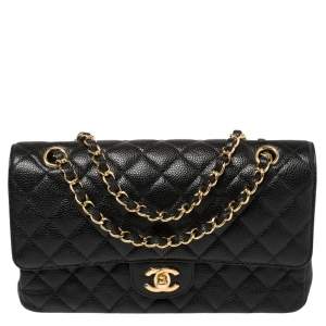 Pre Owned Chanel Black Quilted Caviar Leather Medium Classic Double Flap Bag