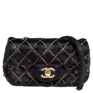 مملوكة مسبقًا Chanel Black/Gold Quilted Calf Hair Extra Mini Classic Single Flap Bag