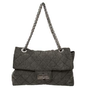 Pre Owned Chanel Grey Quilted Denim XXL Reissue 2.55 Flap Bag