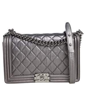 مملوكة مسبقًا Chanel Silver Quilted Perforated Leather New Medium Boy Flap Bag