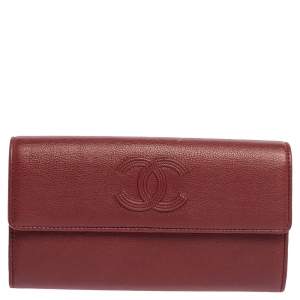 Pre Owned Chanel Dark Red Leather CC Flap Continental Wallet