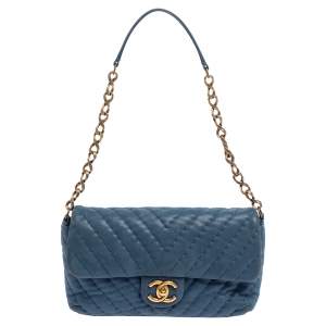 Chanel Blue Shimmer Leather Surpique Chevron Medium Flap Bag