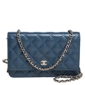 Pre Owned Chanel Blue Quilted Caviar Leather Classic Wallet on Chain