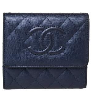 Chanel Navy Blue Quilted Caviar Leather CC Trifold Wallet