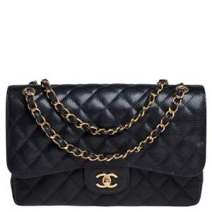 مملوكة مسبقًا Chanel Black Quilted Caviar Leather Jumbo Classic Double Flap Bag