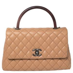 Chanel Beige/Maroon Caviar Leather and Lizard Medium Coco Top Handle Bag
