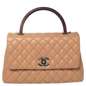 Pre Owned Chanel Beige/Maroon Caviar Leather and Lizard Medium Coco Top Handle Bag