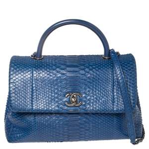 Pre Owned Chanel Blue Python Large Coco Top Handle Bag