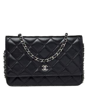 Chanel Black Quilted  Leather Classic Wallet on Chain