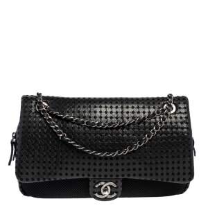 Pre Owned Chanel Black Perforated Leather And Mesh Shoulder Bag