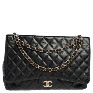 Pre Owned Chanel Black Quilted Caviar Leather Maxi Classic Single Flap Bag