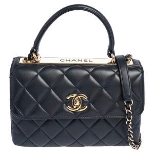 Pre Owned Chanel Navy Blue Quilted Lambskin Leather Small Trendy CC Flap Top Handle Bag
