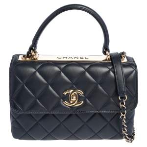 Chanel Navy Blue Quilted Lambskin Leather Small Trendy CC Flap Top Handle Bag