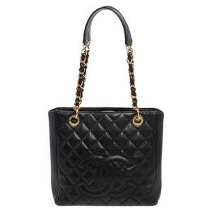 Pre Owned Chanel Black Quilted Caviar Leather Petite Shopper Tote