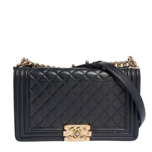 Pre Owned Chanel Navy Blue Quilted Leather Medium Boy Bag