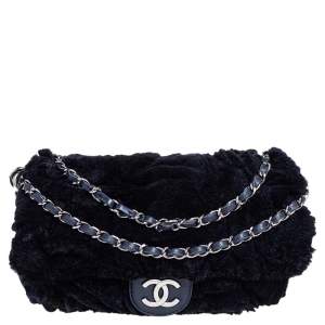 Pre Owned Chanel Navy Blue Rabbit Fur and Leather Single Flap Bag