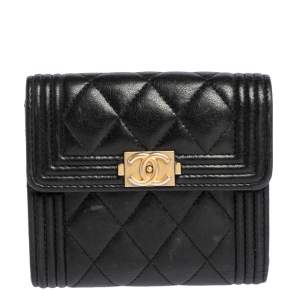Chanel Black Quilted Lambskin Leather Small Boy Wallet