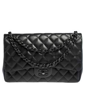 مملوكة مسبقًا Chanel Black Quilted Lambskin Leather Jumbo Classic Double Flap Bag