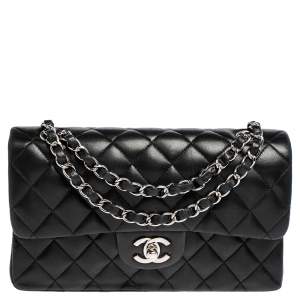 Pre Owned Chanel Black Quilted Lambskin Leather Small Classic Double Flap Bag