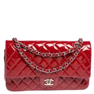 Pre Owned Chanel Red Quilted Patent Leather Medium Classic Double Flap Bag