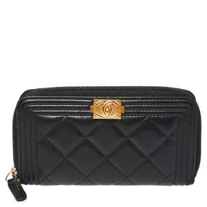 Chanel Black Quilted Leather Boy Zip Around Wallet