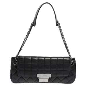 Chanel Dark Blue Leather Push Lock Accordion Flap Bag