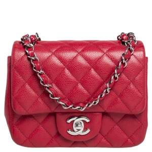 Pre Owned Chanel Red Quilted Leather Mini Square Classic Flap Bag