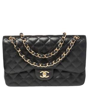 مملوكة مسبقًا Chanel Black Quilted Caviar Leather Jumbo Classic Double Flap Bag