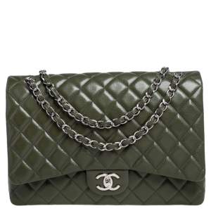 مملوكة مسبقًا Chanel Green Quilted Caviar Leather Maxi Classic Double Flap Bag