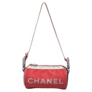 Pre Owned Chanel Red/Grey Coated Fabric Sport Mini Barrel Bag