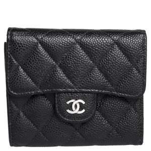 Pre Owned Chanel Black Quilted Caviar Leather Classic Trifold Flap Wallet