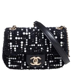 Pre Owned Chanel Black Faux Pearl Embellished Tweed Mini Cosmos Flap Bag 