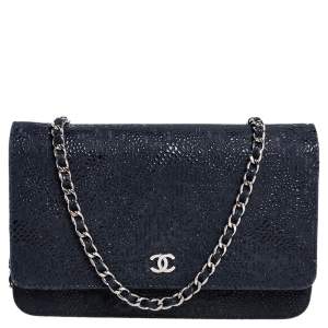Chanel Navy Blue/Black Lace Overlay Suede Classic Wallet on Chain
