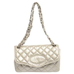 Pre Owned Chanel Metallic Cream Quilted Leather Logo Flap Bag