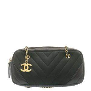 Chanel Black Leather Vintage Chevron CC Camera Bag