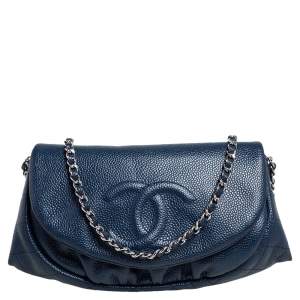 Chanel Blue Caviar Leather Half Moon Wallet On Chain