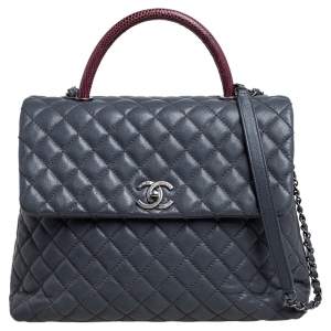 Chanel Grey/Burgundy Quilted Caviar Leather and Lizard Large Coco Top Handle Bag