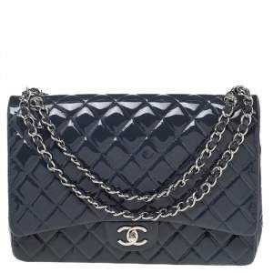 Pre Owned Chanel Slate Grey Quilted Patent Leather Maxi Classic Double Flap Bag