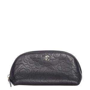 Pre Owned Chanel Black Caviar Leather CC Camellia Cosmetic Pouch